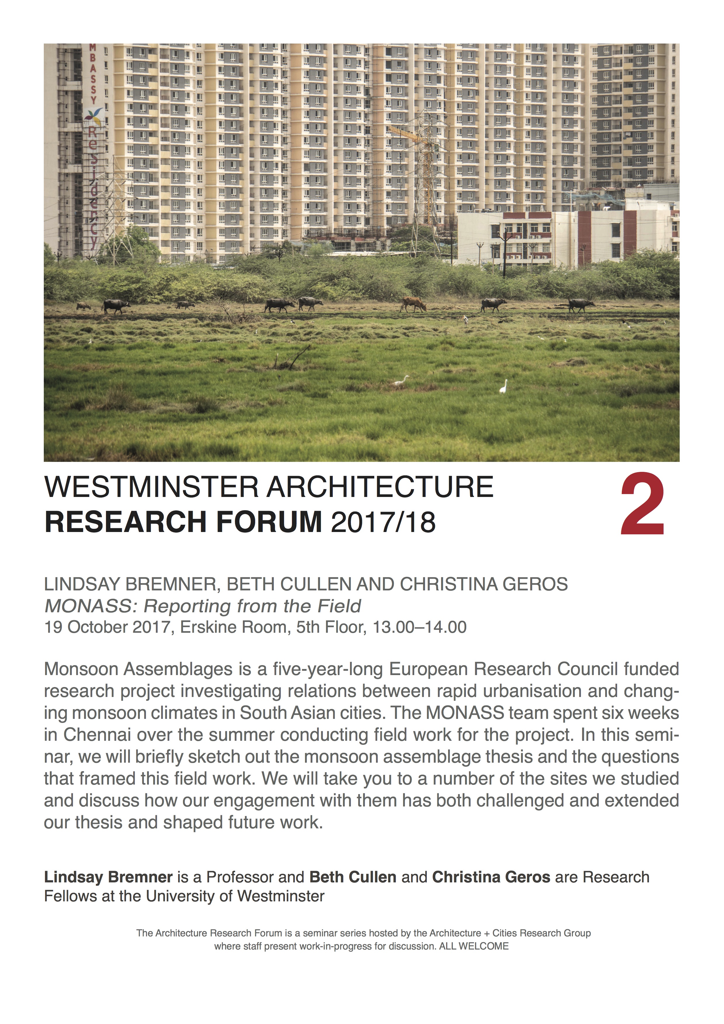 Architecture Research Forum: MONASS “Reporting from the Field” with Lindsay Bremner, Beth Cullen and Christina Geros_19th October, Erskine Room, 5th Floor, 13:00-14:00