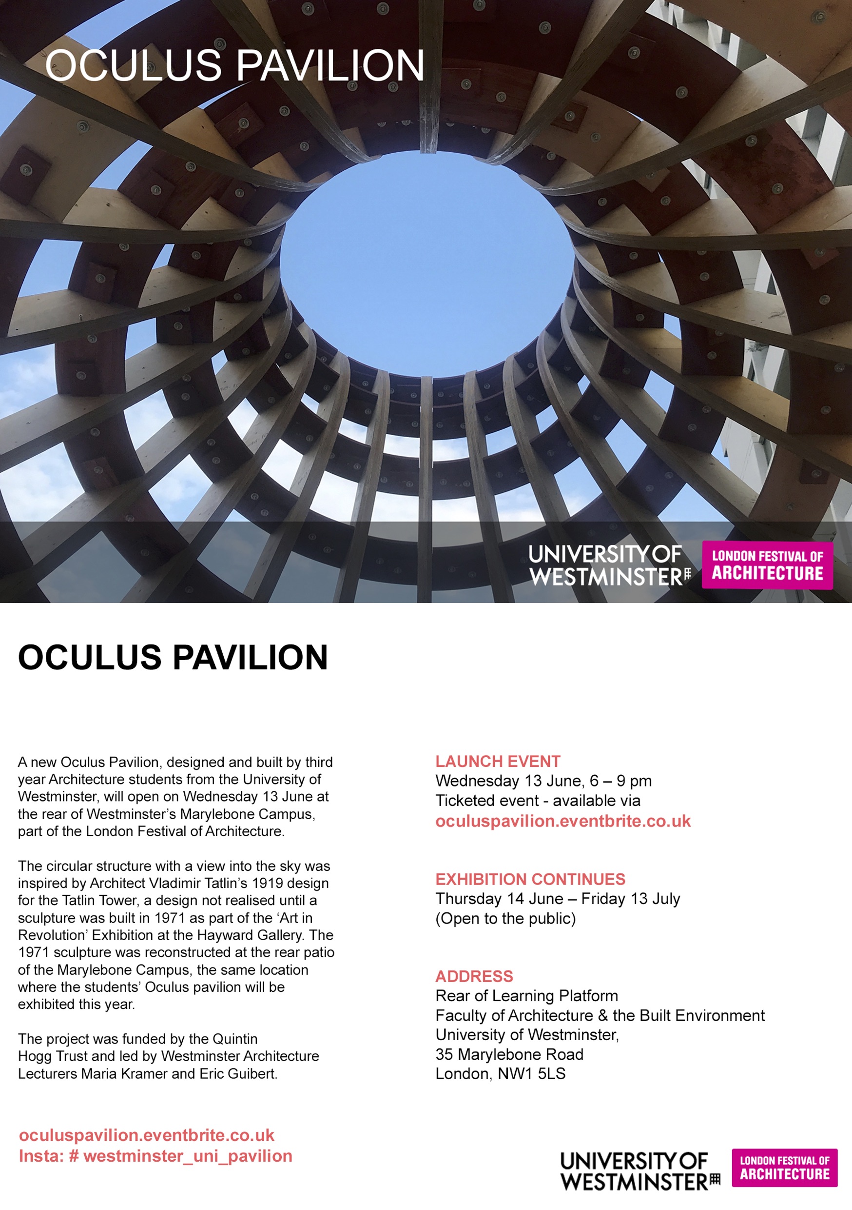 Oculus Pavilion – Invitation to Launch Event: Wednesday 13th June, 18:00-21:00