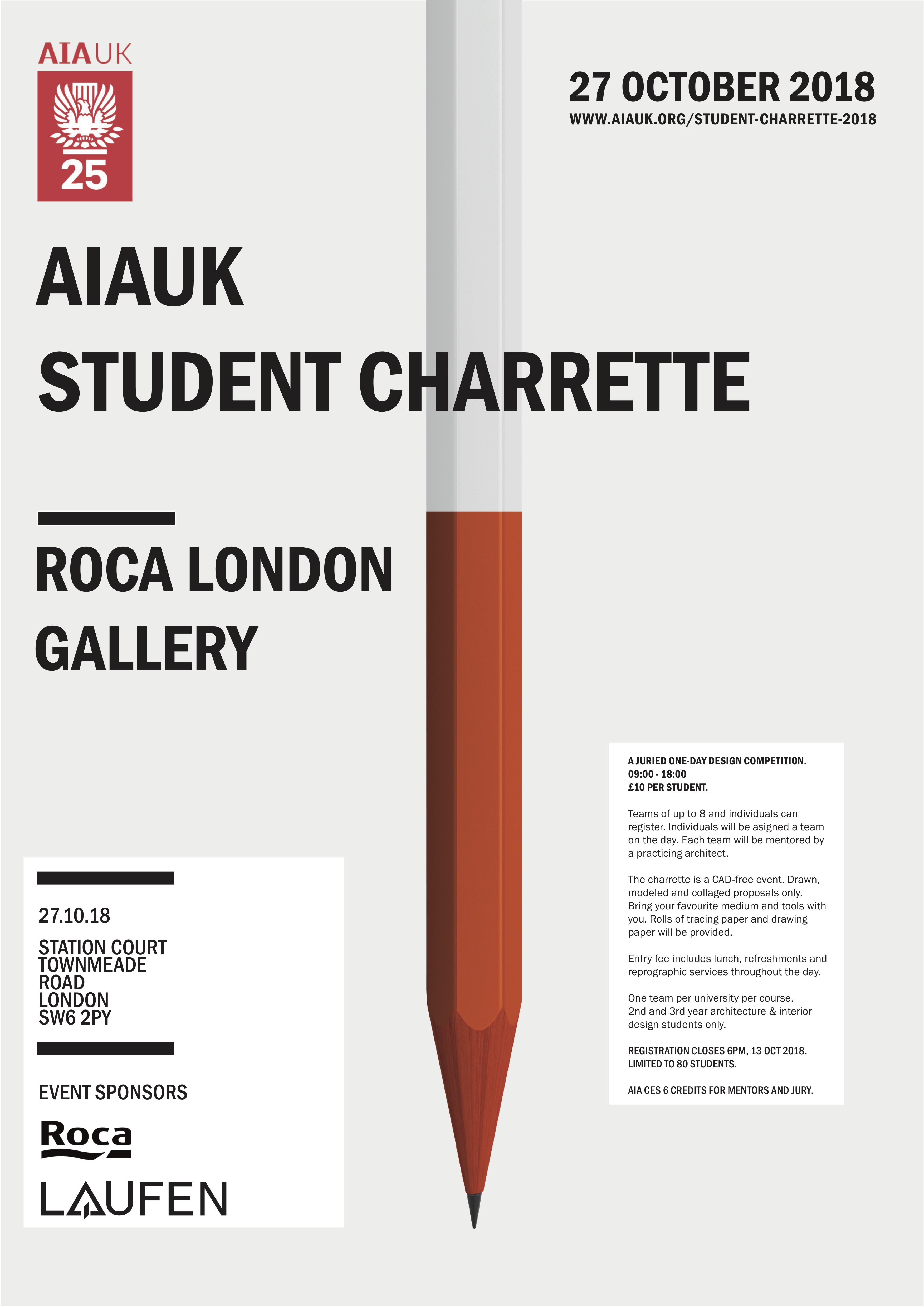 AIA UK Student Charrette 2018, Roca London Gallery, 27 October 2018, 9am-6pm, Deadline for Registration: Wednesday 24 October, 6pm