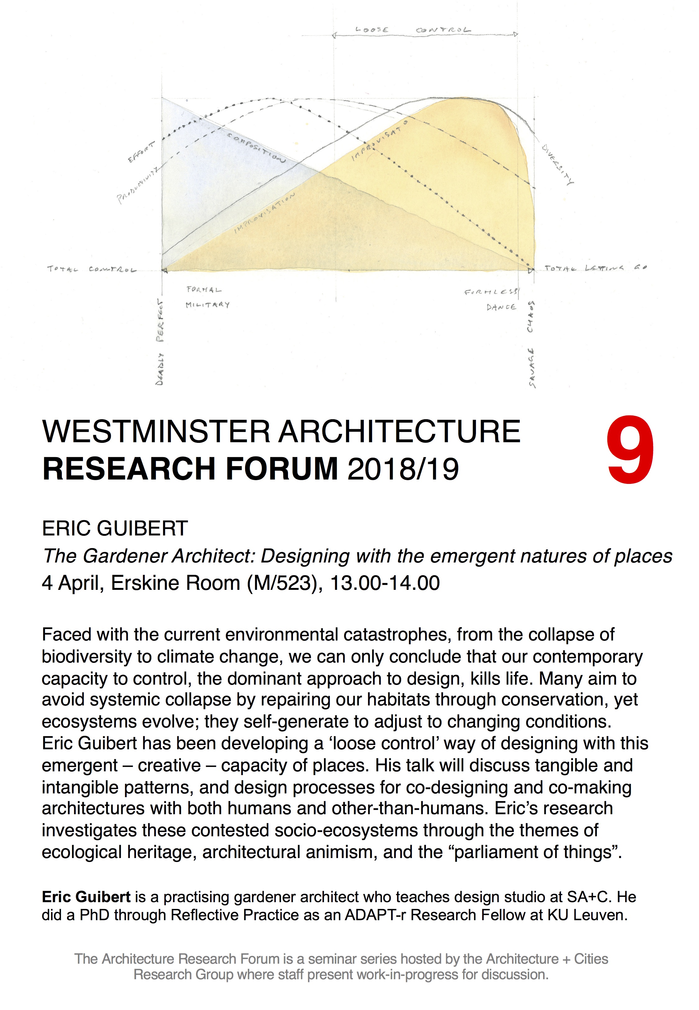 Architecture Research Forum: “The Gardener Architect: Designing with the emergent natures of places” Eric Guibert, Thursday, April 4, 13:00-14:00, Erskine Room, 5th Floor