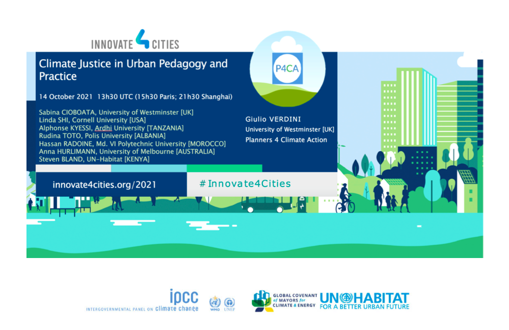 Giulio Verdini moderating a session on ‘Climate Justice in Pedagogy and Practice’ at I4C ‘Innovate 4 Cities’ conference IPCC / UN-HABITAT / GCoM | Thursday, October 14, 2021, 14:30 (BST)