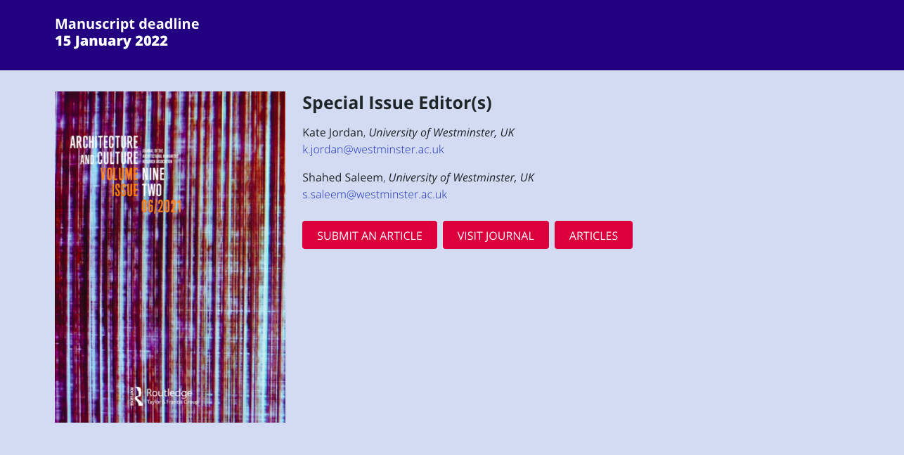 Call for manuscripts for a special issue of the journal Architecture and Culture: “Spiritual, sacred, secular. Places of faith in the twenty-first century” | Deadline: January 15, 2022