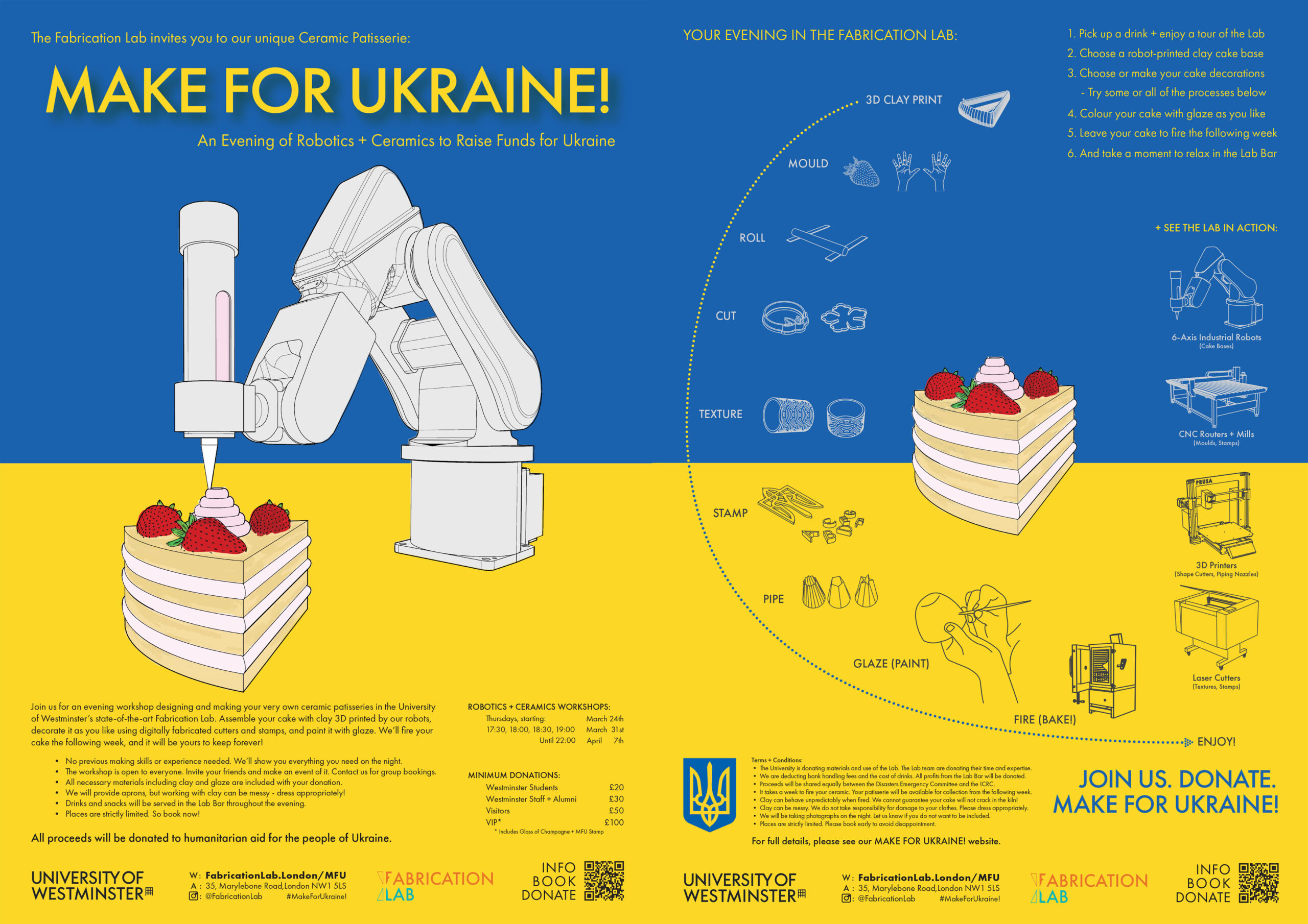 The Fabrication Lab invites you to our unique Ceramic Patisserie: MAKE FOR UKRAINE! An Evening of Robotics + Ceramics to Raise Funds for Ukraine | Thursdays: March 31 and April 7, 2022