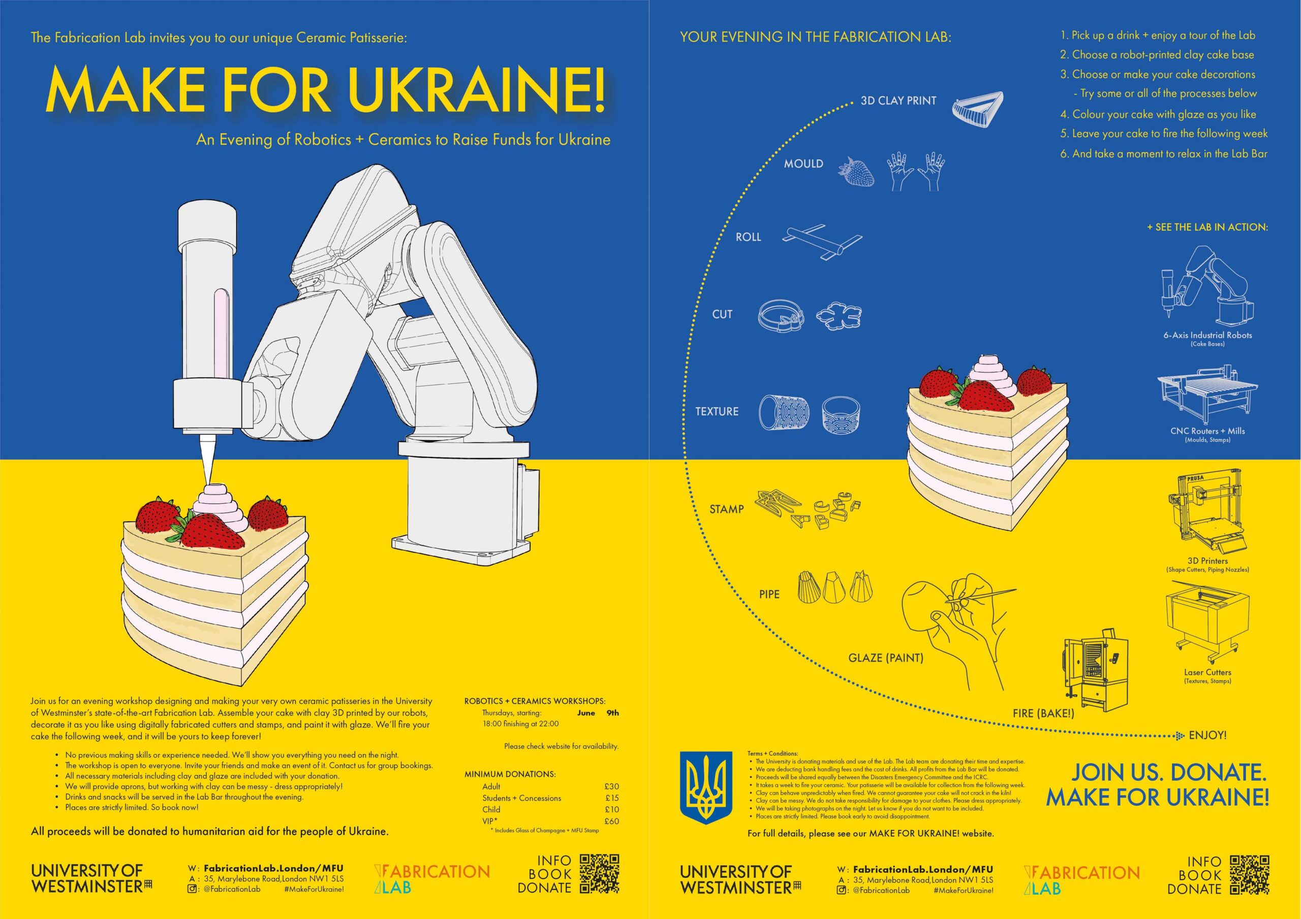 MAKE FOR UKRAINE! An evening of robotics and ceramics to raise funds for Ukraine | Fabrication Lab | Thursday, June 9, 2022, 18:00 – 22:00 (BST)