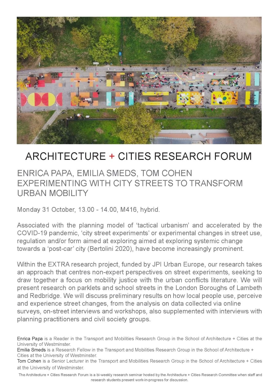 Architecture + Cities Research Seminar: “EXTRA Project” by Enrica Papa, Emilia Smeds and Tom Cohen | Monday, October 31 at 1pm (GMT) M416, Marylebone Campus + Online