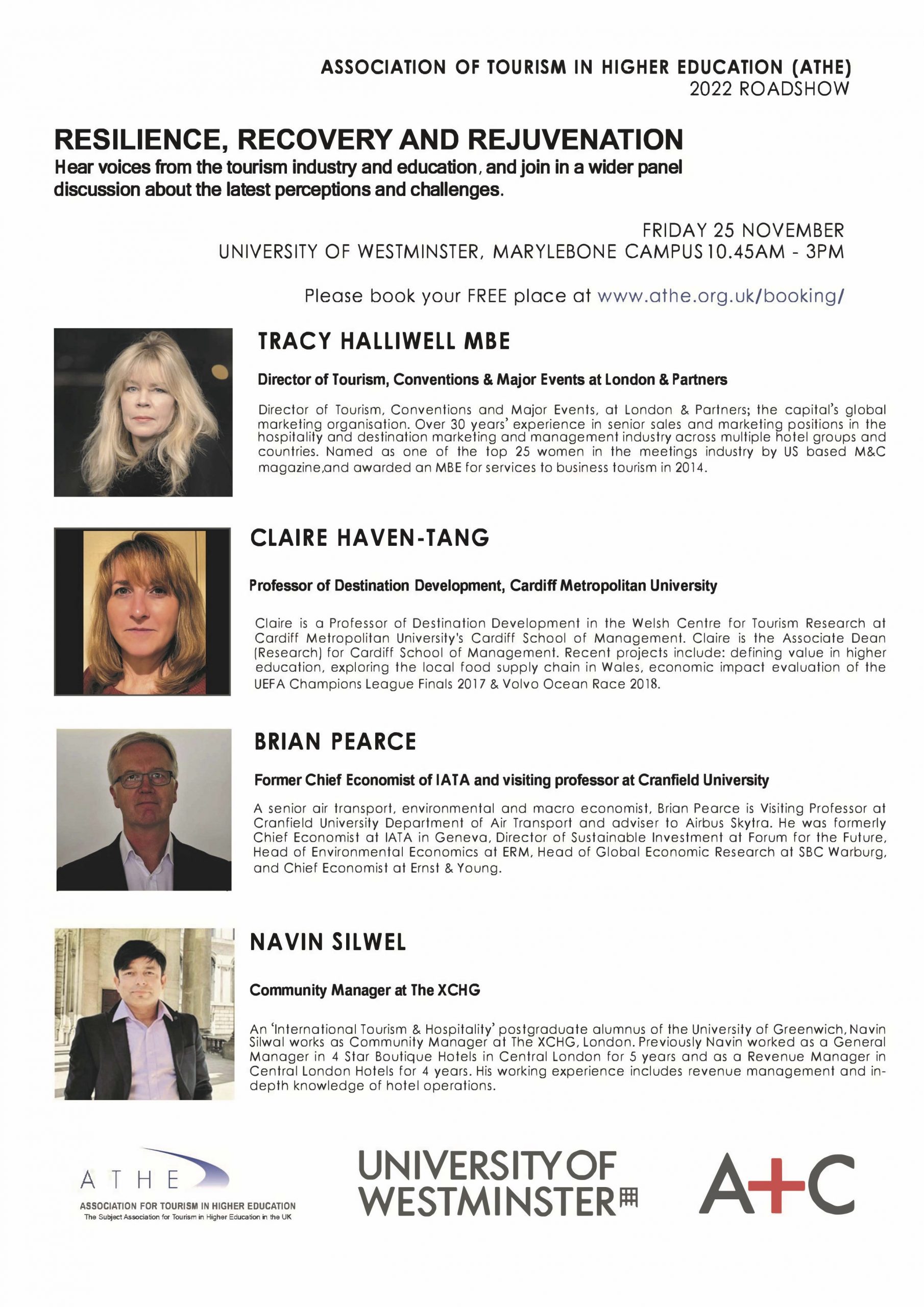 Association for Tourism in Higher Education Seminar: “Resilience, Recovery, and Rejuvenation” | Friday, November 25, 10:45 – 15:00 (GMT), Marylebone Campus, M416 (morning session) + MG28 (afternoon session)