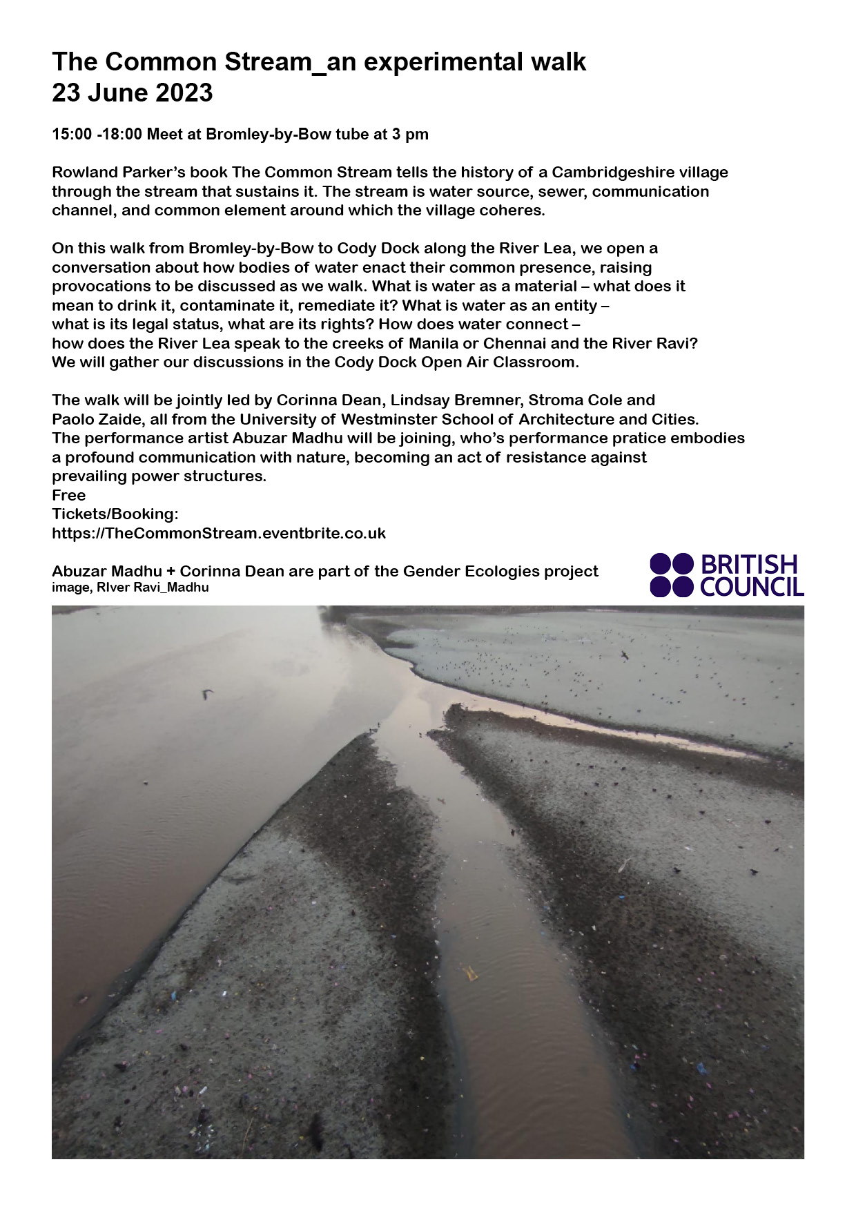SA+C & LFA: The Common Stream – an experimental walk | Friday, June 23, 2023 starting at Bromley-by-Bow tube station at 15:00 (BST)