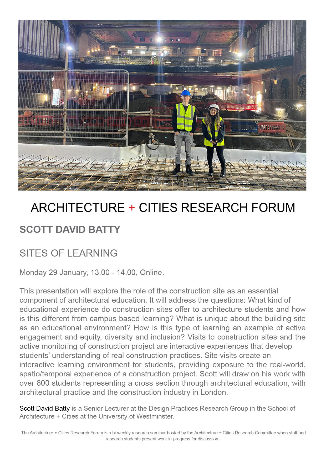 Architecture + Cities Research Seminar: Scott David Batty “Sites of Learning” | Monday, January 29, 2024 at 1pm (GMT) | Online