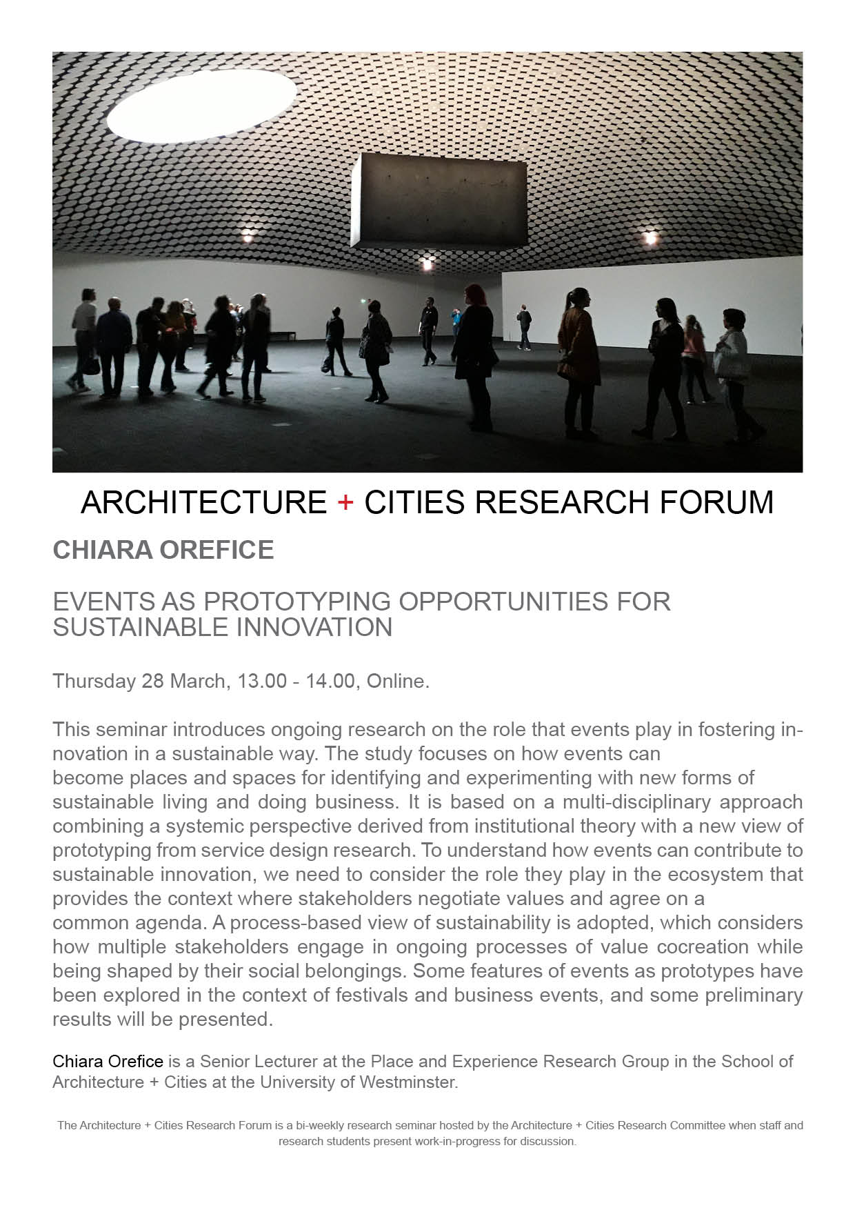 Architecture + Cities Research Seminar: Chiara Orefice “Events as Prototyping Opportunities for Sustainable Innovation” | Thursday, March 28, 2024 at 1pm (GMT) | Online