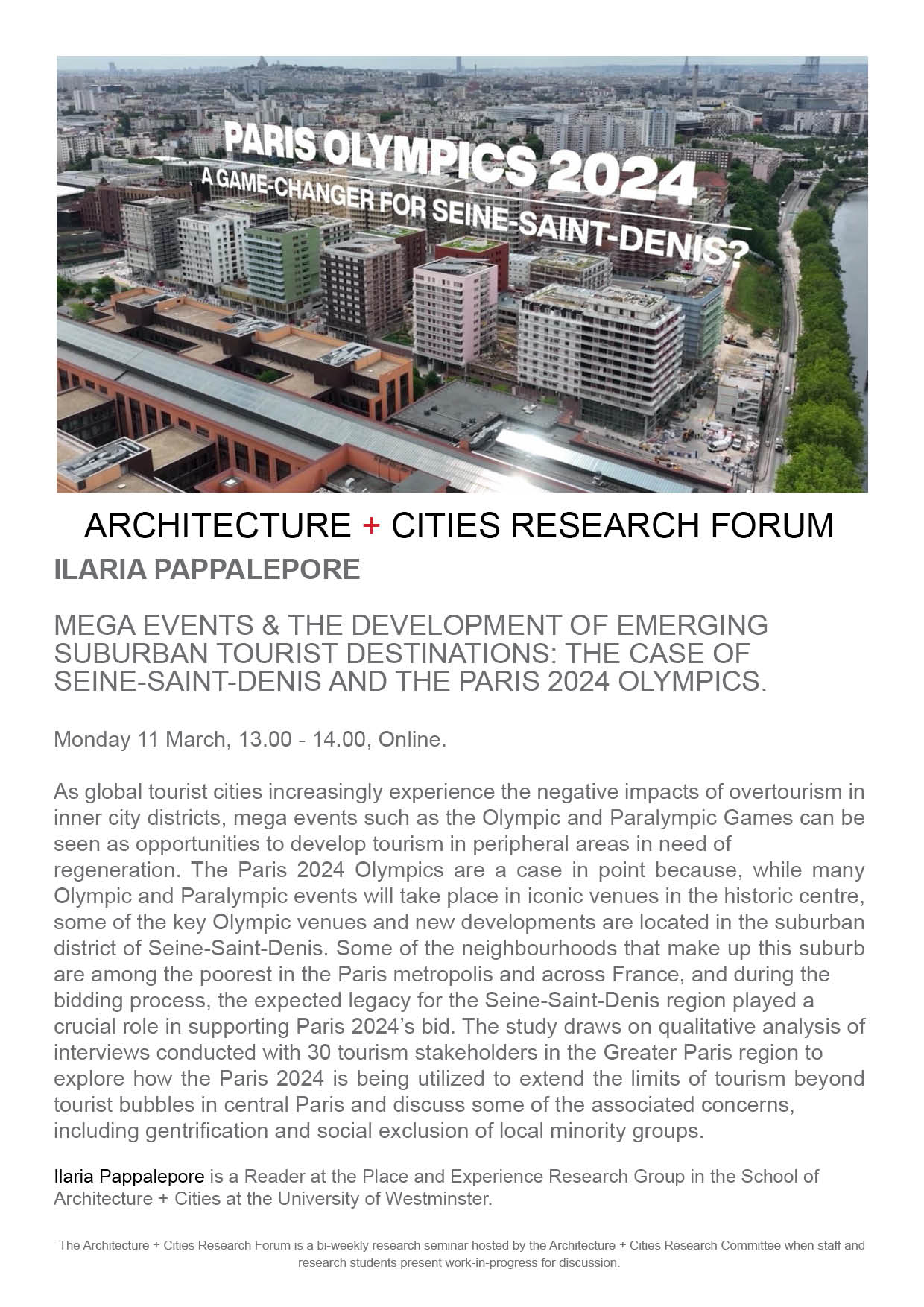Architecture + Cities Research Seminar: Ilaria Pappalepore “Mega Events and the Development of Emerging Tourist Destinations” on Monday, March 11, 2024 at 1pm (GMT) | Online