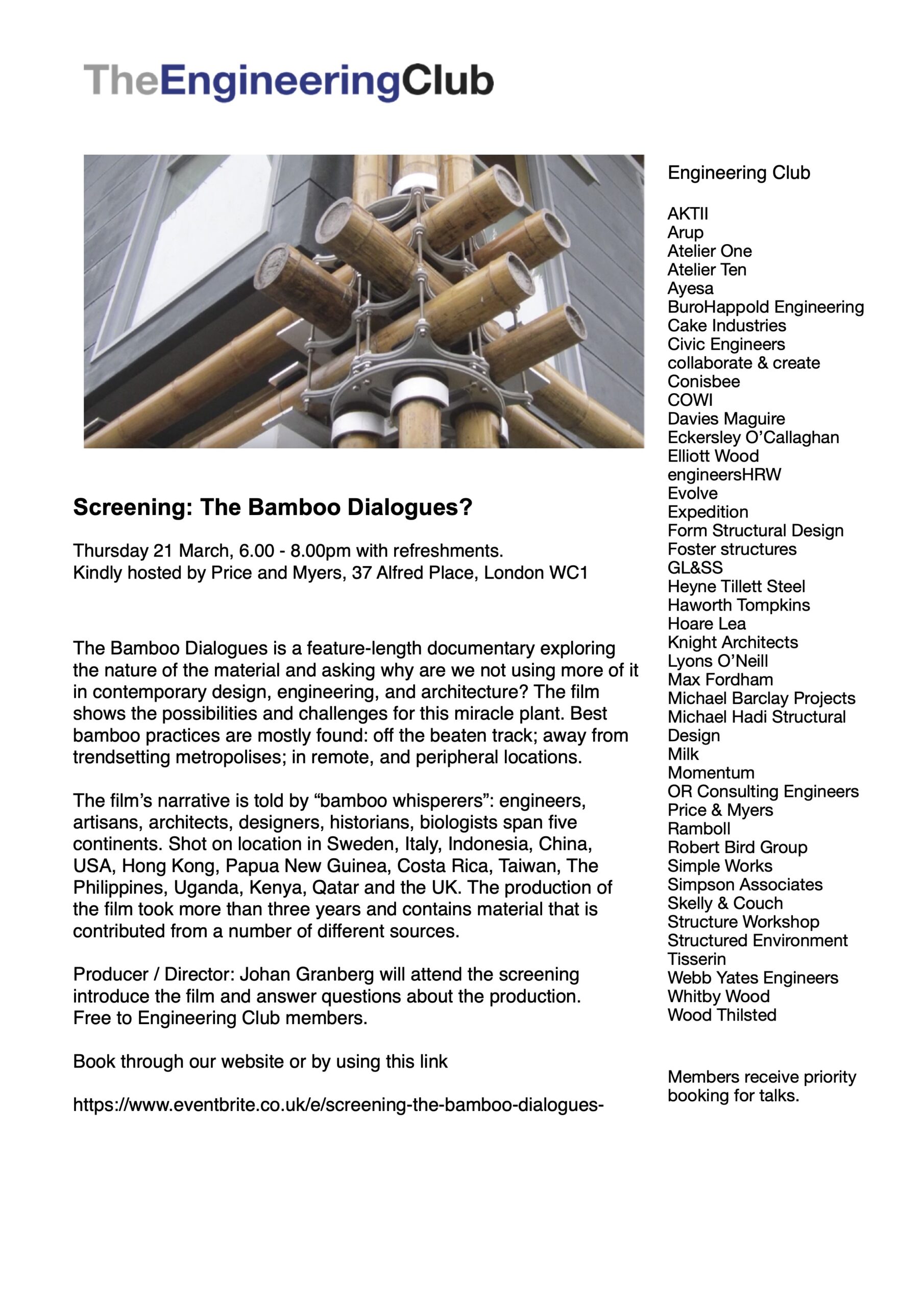 The Engineering Club Screening: “The Bamboo Dialogues” | Thursday, March 21, 2024 at 18:00 at Price and Myers, 37 Alfred Place, London WC1E 7PD